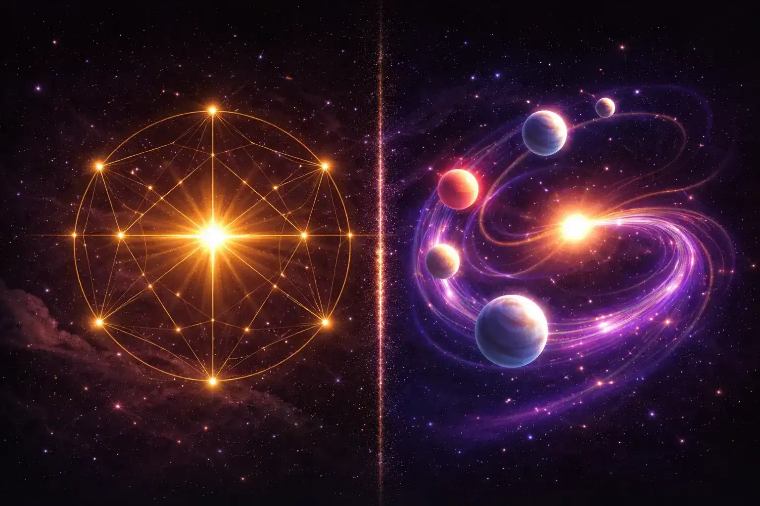 Projeto permanente do mapa natal vs previsão anual da revolução solar — padrão dourado fixo de estrelas e órbita celeste fluida