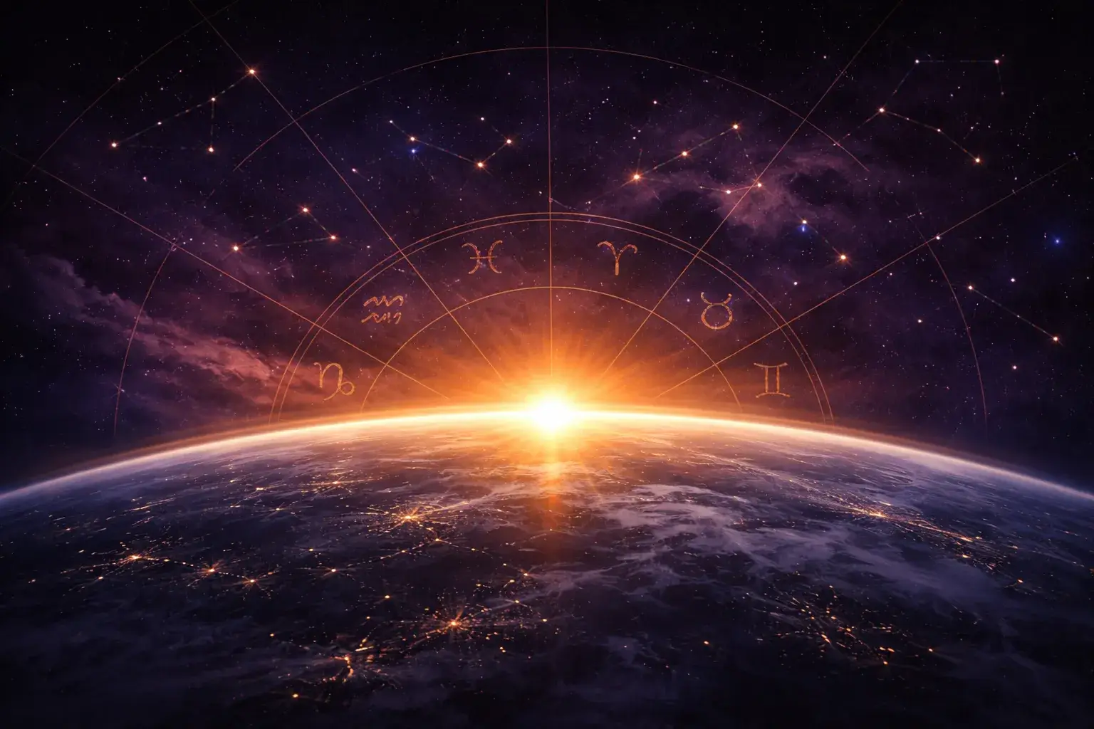 Significado do Ascendente da revolução solar — Sol dourado nascendo no horizonte celeste com constelações zodiacais