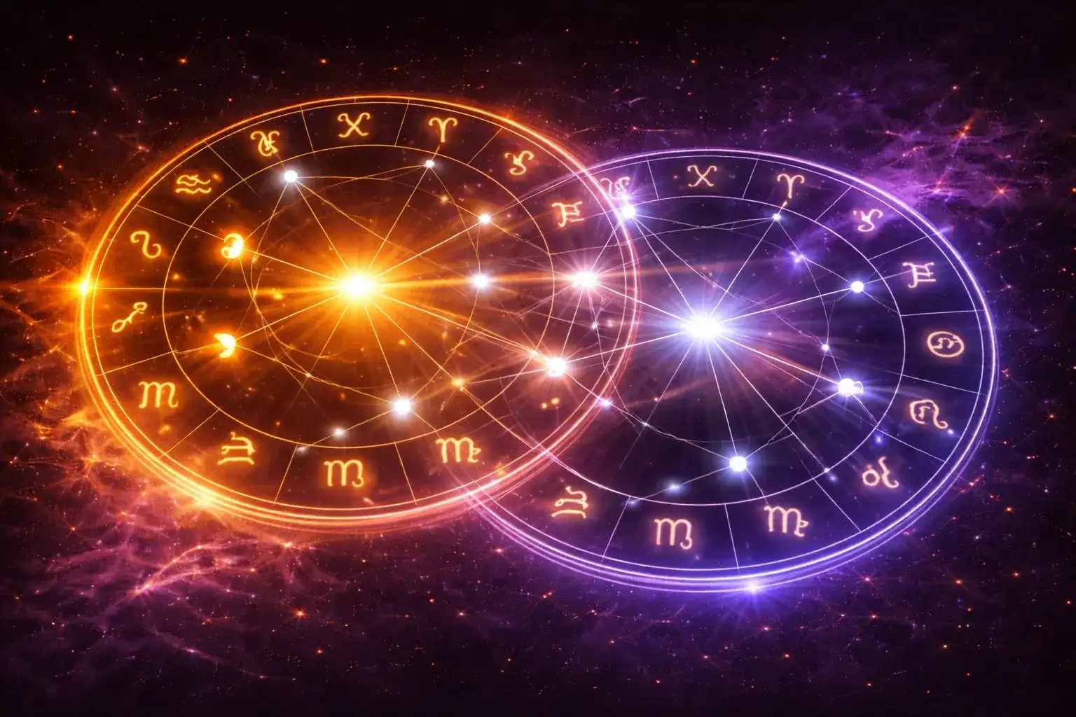 Aspectos cruzados entre revolução solar e mapa natal — duas mandalas astrológicas sobrepostas com linhas luminosas conectando planetas alinhados