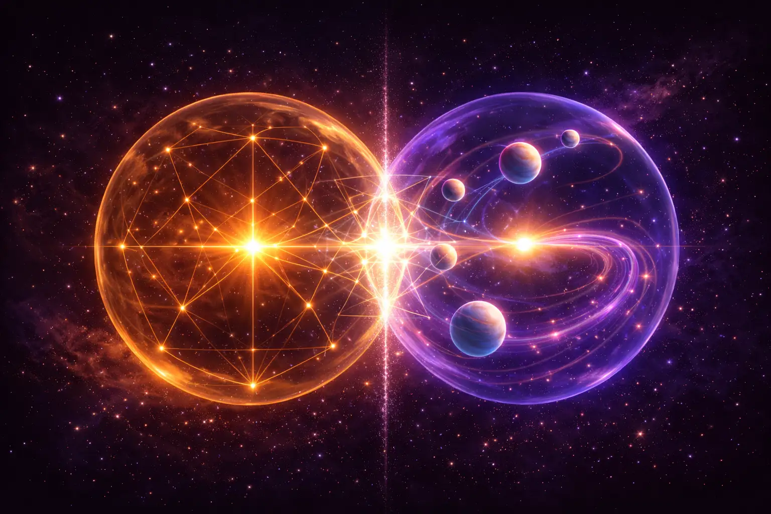 Aspectos cruzados entre revolução solar e mapa natal — duas esferas celestes sobrepostas com linhas luminosas de conexão