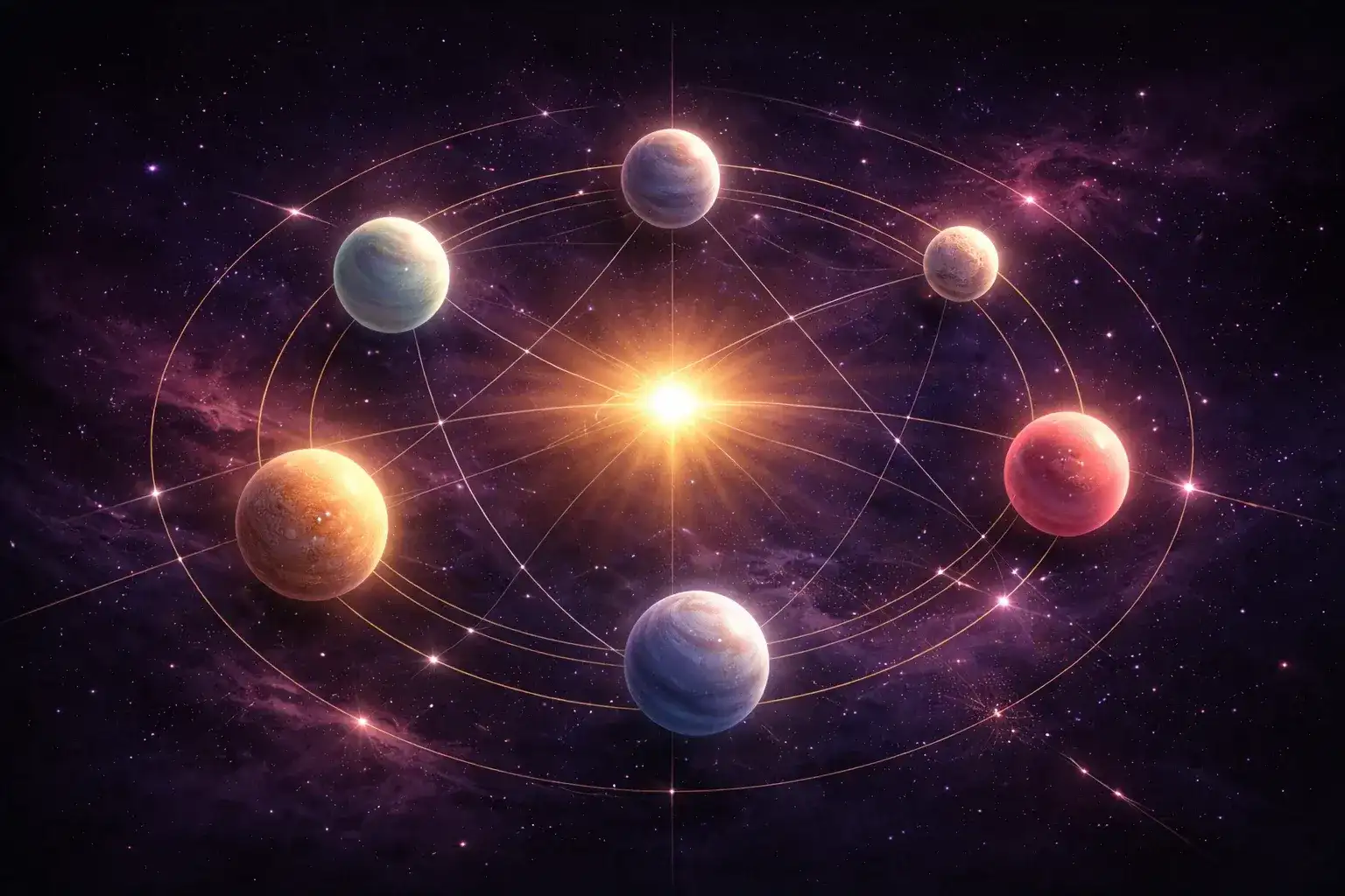 Planetenpositionen und Häuser-Platzierungen im Solarhoroskop mit Aspektlinien zwischen Himmelskörpern